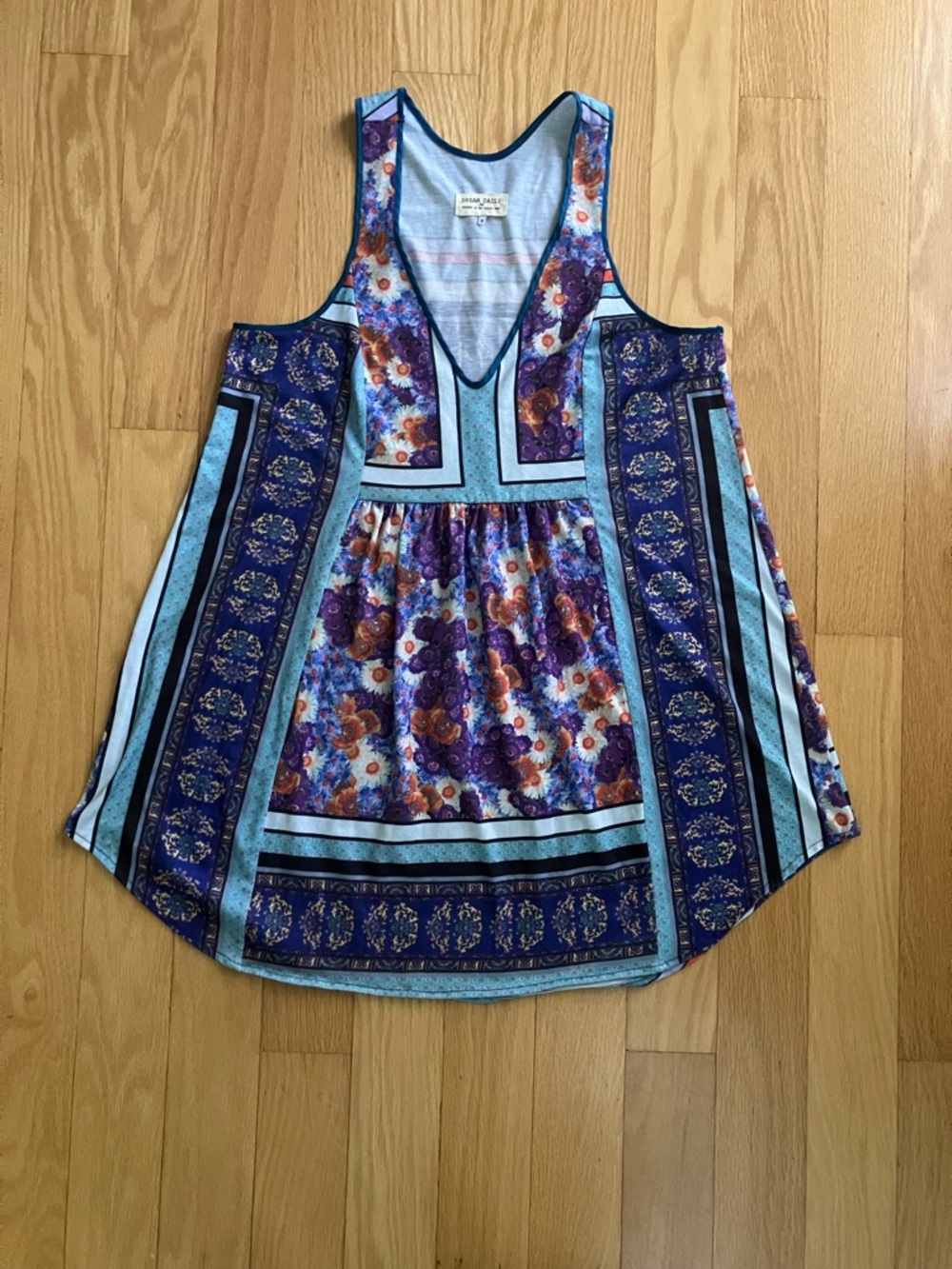 Dream Daily from Anthropologie Blue Floral Boho Tank Top with Purple Accents